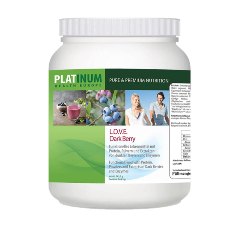 LOVE Dark Berry von Platinum funktionelles Lebensmitteln mit Protein, Pulvern und Extrakten von dunklen Beeren und Enzymen in Kunststoffverpackung
