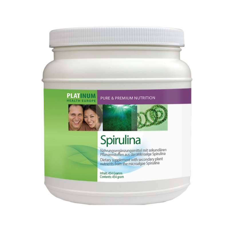 Spirulina Nahrungsergänzungsmittel in großer Packung.
